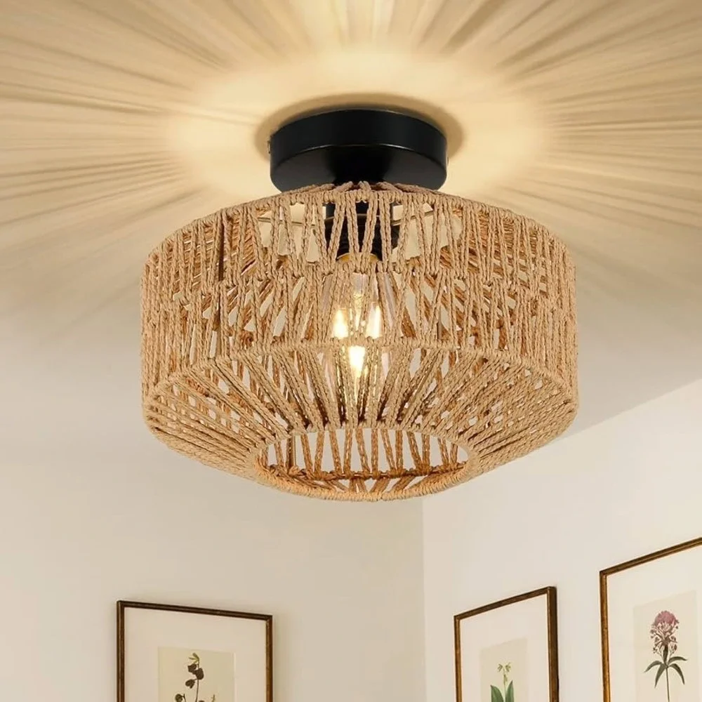 Boho Light Fixtures Ceiling Mount Mini Boho Rattan Chandelier, Woven Flush Mount